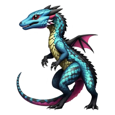 Rare realistic exotic edgy gothic cool badass epic pretty beautiful handsome gorgeous aesthetic colorful vibrant Vernid-Trico-species-Fakemon-Salandit-Heliolisk-hybrid-creature by LiLaiRa, 4 legs, 1 tail, random markings, (full body) sticker