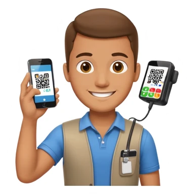 Draw a male tourist who pointed his phone to scan a QR code at a POS terminal for payment. In the style of an Apple emoji sticker