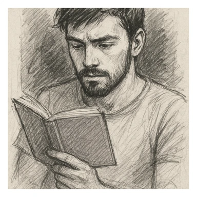 a white young man with a black beard, straight hair, and brown eyes reading a lilac-colored book, hand-drawn sketch style sticker