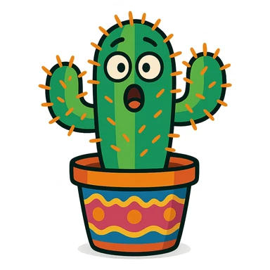 colorful cartoon cactus plant with spines, decorated pot, surprised expression sticker