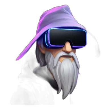 Gandalf wearing a black hoodie with "OMG" letters on it and VR headset in a cyberpunk VR environment with violet neon lighting. sticker