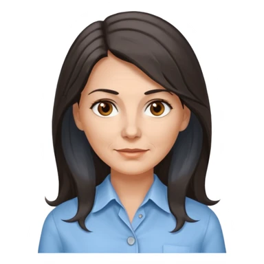 vit 50-årig kvinna med jättelångt mörkbrunt hår med grå/vita slingor bruna ögon ljusblå skjorta med översta knappen uppknäppt sticker