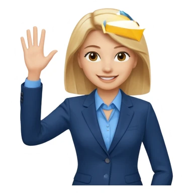Make emoji of business woman with light skin and medium blonde hair in a dark blue business suit and light blue shirt waiving to new clients sticker