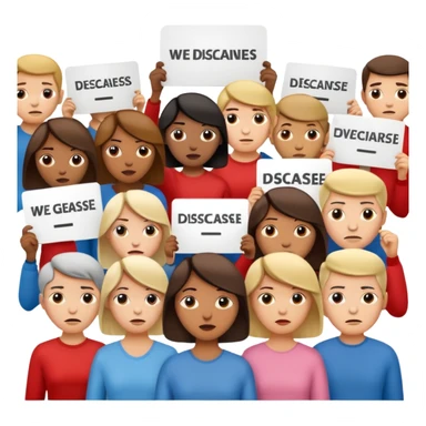 a crowd of people with unhappy faces and holding placards with the inscription: we disagree sticker