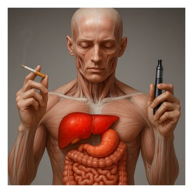 Medical illustration, hyperrealistic 4K, realistic anatomical human body, inflamed liver and intestine highlighted, holding a lit normal cigarette in the right hand and an electronic cigarette in the left hand, clear background, extremely detailed, same lighting and style as the reference image. sticker