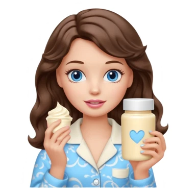 Barbie girl with makeup, blue eyes , and bob long haircut wavy, short brown hair in creamy color pajamas, face cream in hand sticker