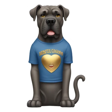 A Cane Corso in blue jeans and gold tee shirt standing upright singing into a microphone. sticker