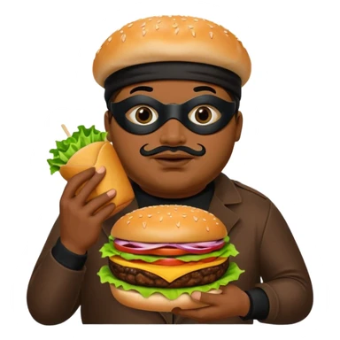 Fat Brown skin burglar with a black eye mask holding a burger sticker