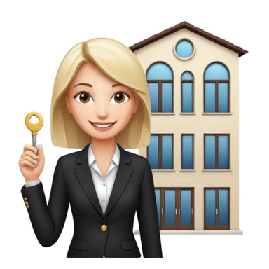 woman in a business suit, smiling, holding keys, Dubai-style modern townhouse in background sticker