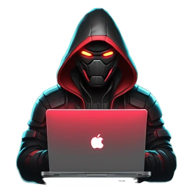 developer behind his laptop with this style : crysis Cyberpunk Valorant neon glowing bright red character dark red black hooded assassin themed character sticker