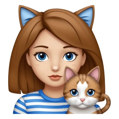 Haz un emoji de una chica con piel clara, ojos marrones, cabello castaño, rizado, cargando a un gato blanco con rayas negras y grises con ojos azules  sticker