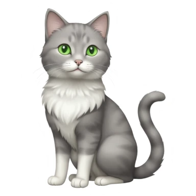 full body view of beautiful female grey cat with green eyes, white toes and white chest sticker