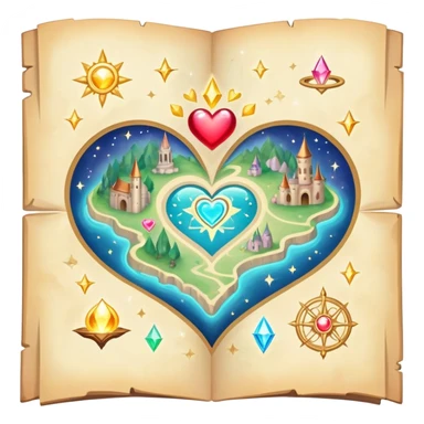 Enchanted floating folded map surrounded by magical sparkles and heart-shaped auras, mystical love journey map sticker