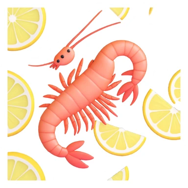 realistic shrimp with lemon slice, 3D emoji style sticker