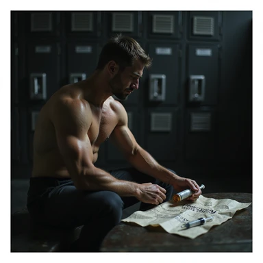 young muscular man in gym locker room sitting on bench preparing to inject unknown substance from unlabeled vial, crumpled 'protocollo' paper, syringe and alcohol wipes visible, gritty hyperrealistic 4K details, shadowy lighting, sense of secrecy sticker