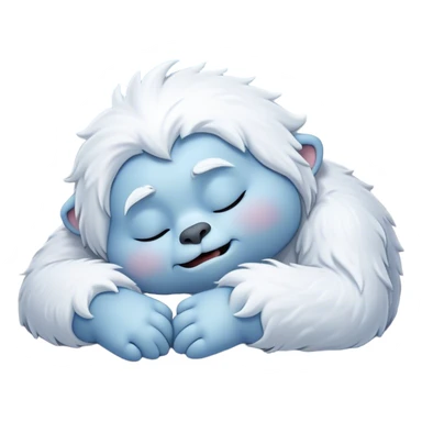 Meme-Worthy Cute Sleeping Yeti Portrait Emoji, with a charming, fluffy, snow-dusted figure in gentle whites and cool blues, head resting in blissful, serene slumber with closed, peaceful eyes and a small, contented smile, simplified yet irresistibly adorable, highly detailed with a soft frosty outline that captures the tender drowsiness of a yeti drifting into snowy dreams! sticker