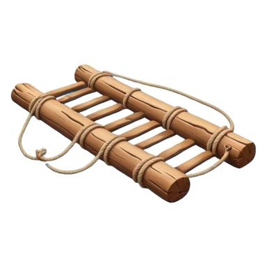 showing a simple wooden raft floating on calm blue water — made of several brown logs tied together with rope — gentle ripples around it — bright, cheerful lighting and soft shadows — minimalist, clean emoji design sticker
