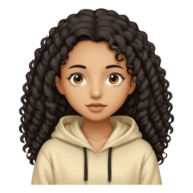 Tan skin girl with black very long curly hair, brown eyes, vanilla colored hoodie sticker