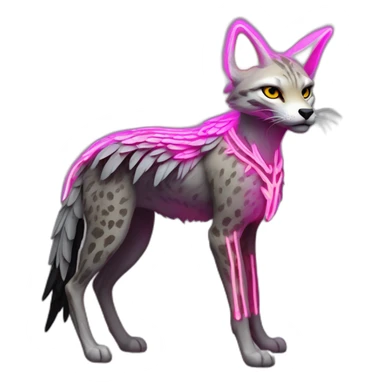 Coyote ocelot standing with grey and black fur and phoenix wings on back and pink ears half skeleton, neon lights sticker