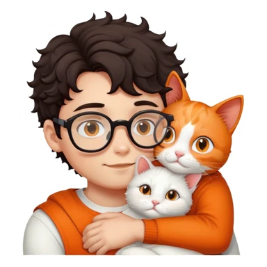 Boy with curl dark hair and glasses hugs white and orange cat sticker