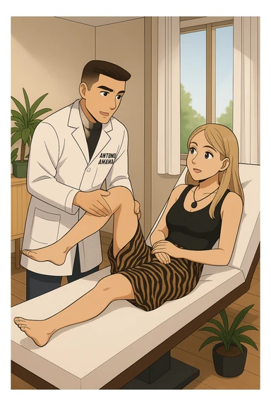 fai un webtoon/manga a colori con questo kinesiologo in camice bianco (fagli la scritta "ANTONIO ANANIA" SUL CAMICE) CHE SVOLGE UN TEST NEUROMUSCOLARE SOLLEVANDO UNA GAMBA ALLA RAGAZZA CHE è STESA SU UN LETTINO BIANCO. STANZA SEMPLICE E MODERNA, DURANTE IL TEST I DUE DIALOGANO TRA LORO. NON FARE I FUMETTI, FAI SOLO LORO COME SE DIALOGASSERO sticker