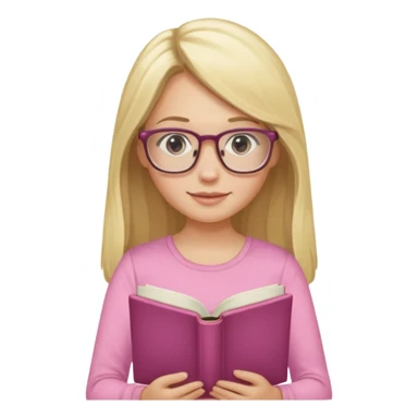 long hair blonde girl pink top with glasses reading sticker