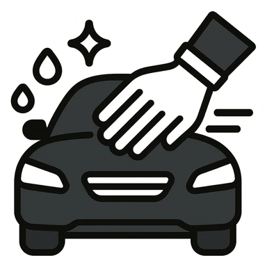elegant hand with white or black glove on the hood of a high-end car, water drops or shine, main color black with silver or white details, smooth motion lines suggesting cleaning, modern and clean icon sticker