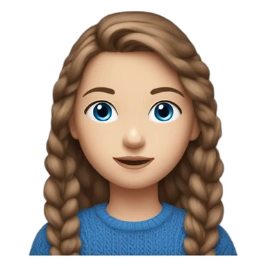 Girl 10 years old. Long brown hair. blue knitted sports sweater, big blue eyes. sticker