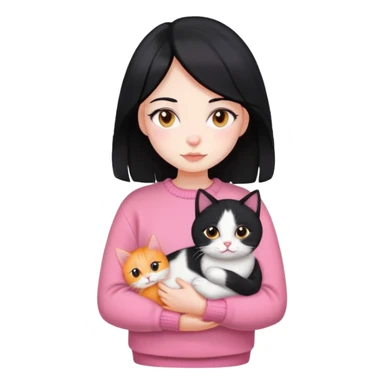girl with black hair holding a tri-colored cat (black, orange, white) wearing a pink sweater sticker
