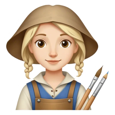 happy apprentice painter with rolled up drawing, medieval age sticker