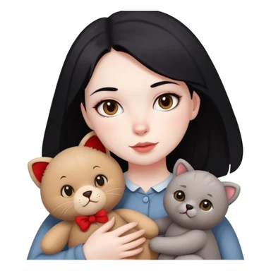 A girl with drak eyes, red cheeks, black hair with a white face, holding a British gray cat and a brown teddy bear sticker