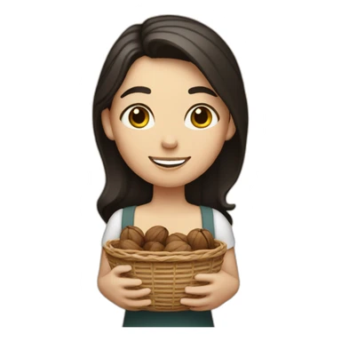 White girl with black and small hair holding a basket of walnuts sticker