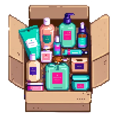 Gift bag with beauty products (shampoo, creams, styling products), a gift bag is beautyful open box full of luxury brand-labeled beauty products sticker