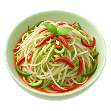Cinematic Realistic Som Tam (Papaya Salad) Dish Emoji, featuring a spicy, tangy salad of shredded green papaya with chili and lime rendered with crisp textures and bright, lively lighting. sticker