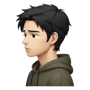 A dark anime-style illustration of a young man in side profile, facing left, with messy black hair tied loosely, sharp jawline and tired eyes. He wears an oversized dark hoodie with muted earthy tones. His expression is calm but emotionally heavy, showing silent pain and inner conflict.

 sticker