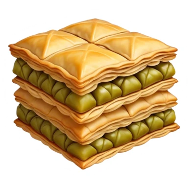 Cinematic Realistic Baklava Dessert Emoji, depicted as layers of flaky pastry with honey and nuts rendered with rich textures and warm, inviting lighting. sticker