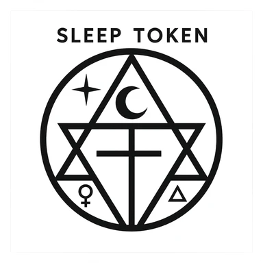 geometric Sleep Token logo with subtle occult symbols, modern style, black and white sticker