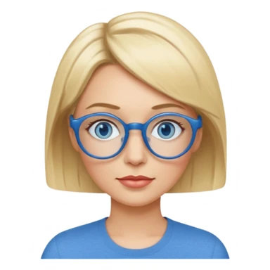 femme 40 ans cheveux extremement courts blond avec raie sur le coté, yeux bleu et lunettes rondes bleues sticker