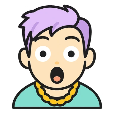 Edit the emoji to have pastel tone colors, add a gold chain necklace as an accessory, and give a surprised expression. The style should be minimalistic with bold lines, bright colors, and playful, resembling an emoji style with no background. sticker