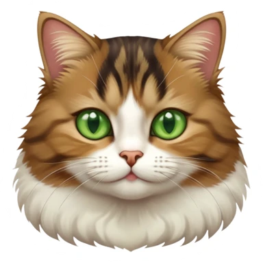 Brown, white, and black tabby cat with green eyes sitting to show its white belly, cute facial expression sticker