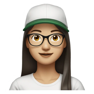 Hyper realistic, look from side, asian adult woman, light white skin, smiling with teeth, black eyes, spotted frame glasses, long brown straight hair with highlighted strands, black T-shirt, dark green cap. sticker