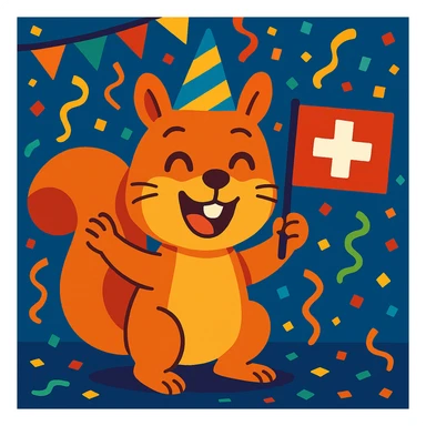 happy squirrel at a party, confetti everywhere, proudly displaying a Swiss flag, fun and energetic sticker