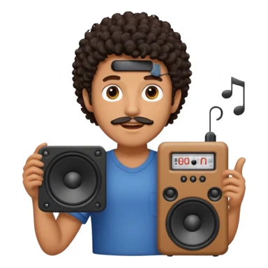 Boy with tanned skin, dark curly hair, a bit of a beard, and a music speaker in his hand. sticker