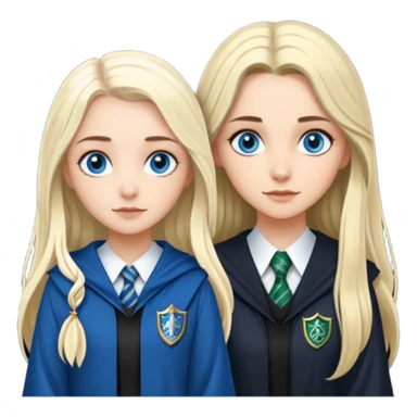 a pretty ravenclaw girl with long dark brown hair and blue eyes standing with a pretty Slytherin girl with long blonde hair, blue eyes sticker
