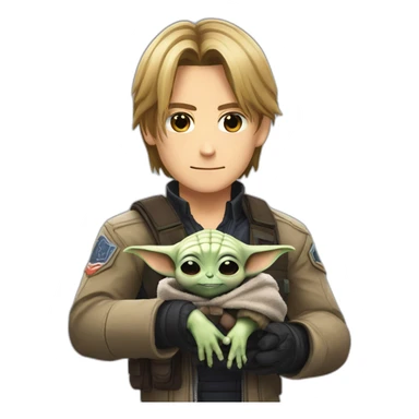Leon Kennedy holding baby yoda sticker