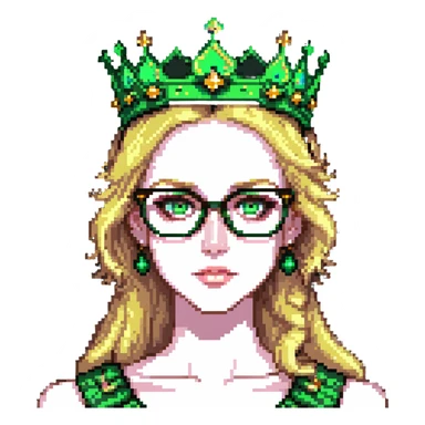 beautiful princess with blonde hair, striking green eyes, wearing glasses and a crown sticker