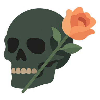 A dark, mysterious skull with a gothic, haunting atmosphere, featuring a soft color palette: golden orange (FA9B41), deep forest green (4A7C5C), muted taupe brown (96775A), and pastel peach (FFCC9A). The skull has sharp, angular features and hollow eye sockets, exuding a sense of mystery. A single, delicate rose lies across the skull, its petals in rich shades of peach and soft orange, with a deep green stem. The contrast between the dark skull and the soft, vibrant rose creates a striking, emotional effect. The background is dimly lit, with subtle shadows and perhaps a faint glow, enhancing the gothic yet strangely beautiful atmosphere. sticker