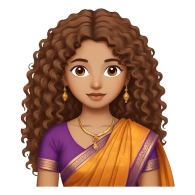 pretty brown girl with frizzish ,churlish, wavy hair light make up wearing a sari sticker