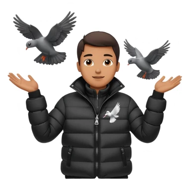 puffer shiny black jacket man open arms looking at a flying pigeon sticker