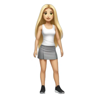 caucasian woman, with long straight hair, blonde hair, brown eyes, white tank top, gray tight mini skirt, black shoes, realistic drawing sticker